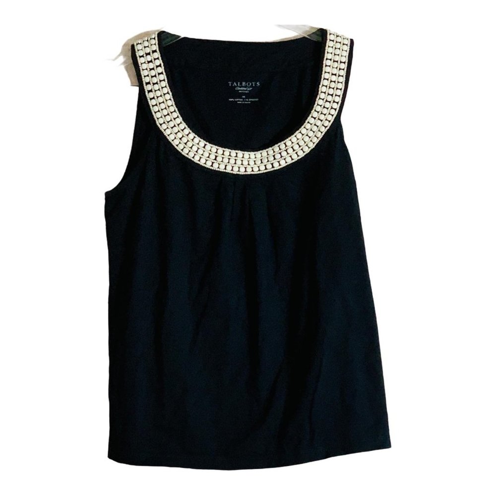 Talbots Black Sleeveless Top with White Bead Neck